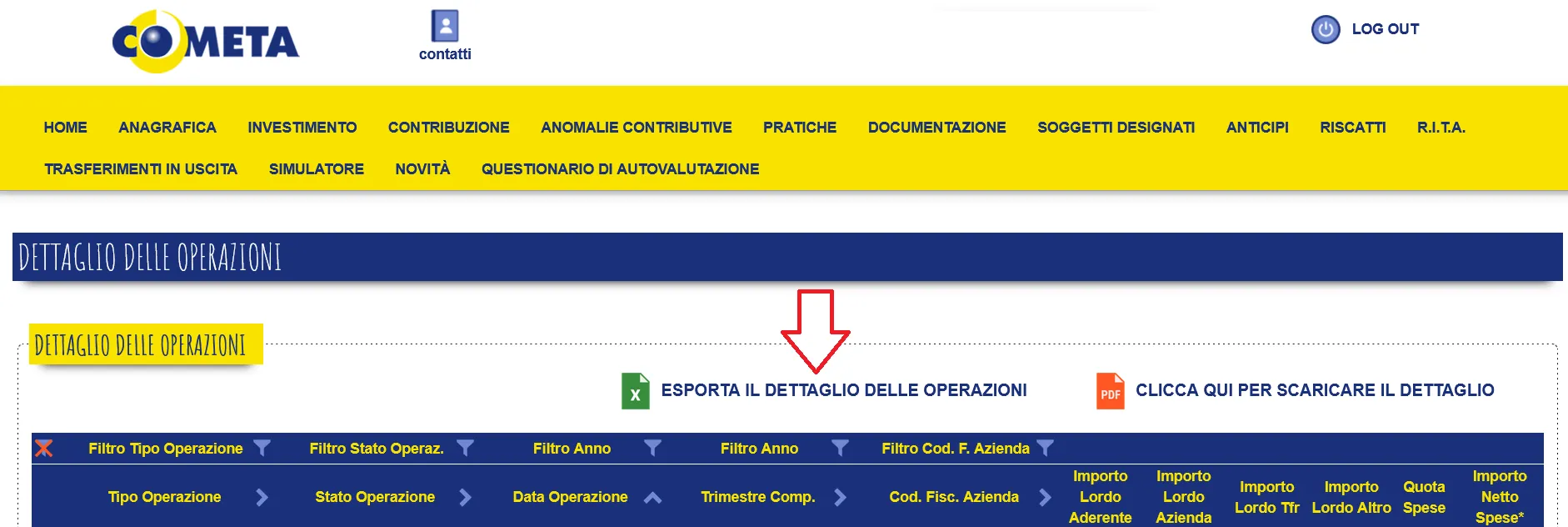 Dettaglio operazioni Cometa - bottone esporta XLS