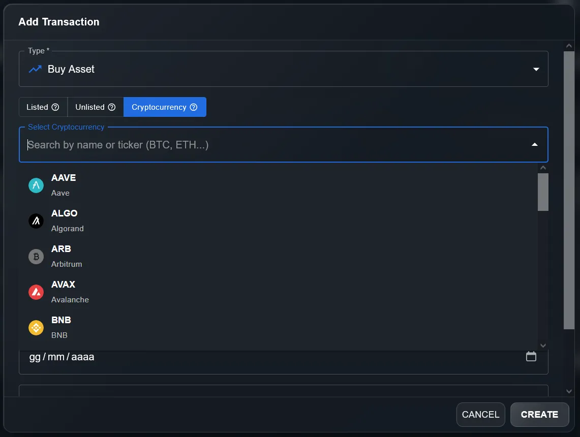DonkyCapital — Add Transaction modal with Cryptocurrency tab and available crypto list