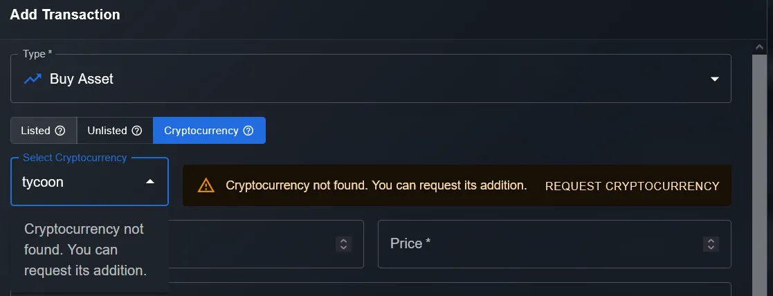 DonkyCapital — crypto not found message with REQUEST CRYPTOCURRENCY button