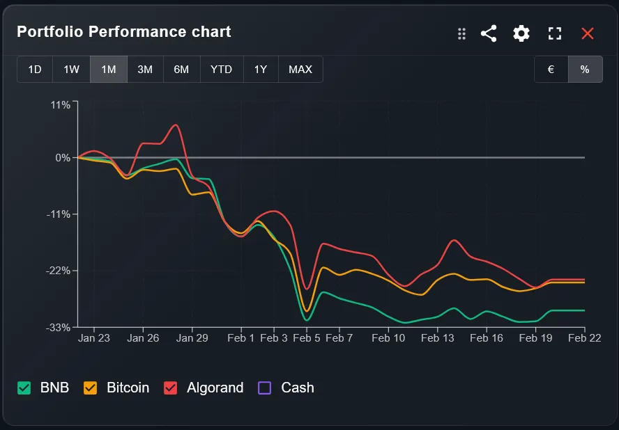 DonkyCapital — Portfolio Performance Chart with BNB, Bitcoin, Algorand and Cash in 1M view