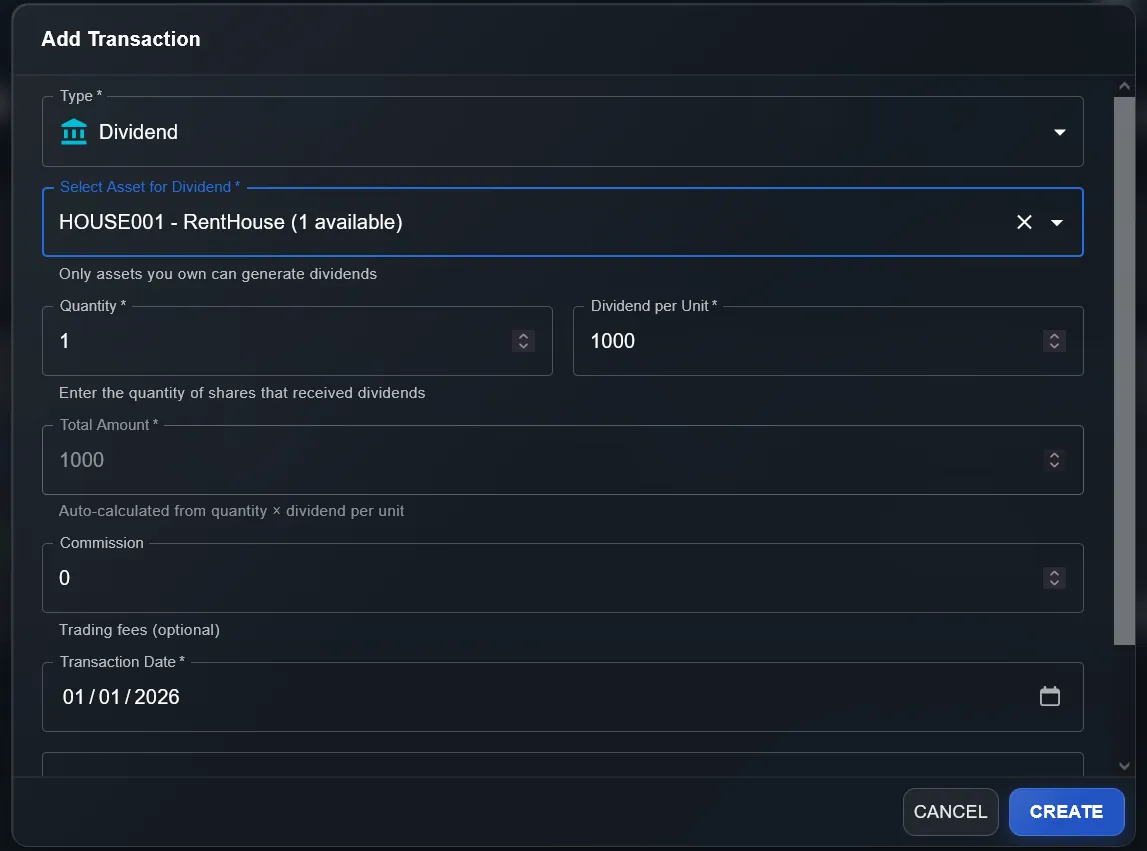 DonkyCapital — Add Transaction modal with Dividend type for unlisted asset