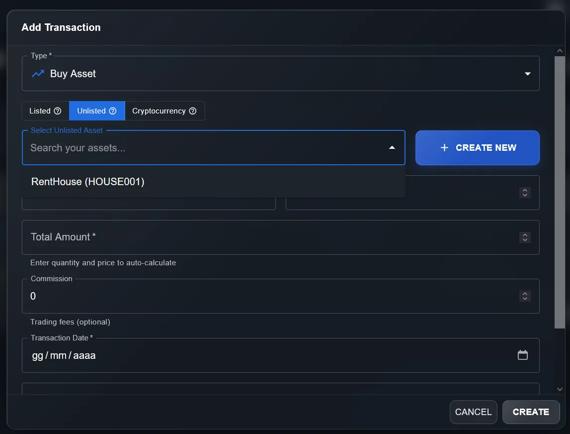 DonkyCapital — Add Transaction modal with Unlisted tab selected