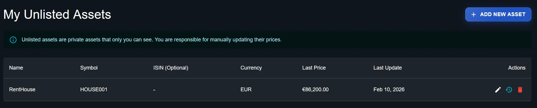 DonkyCapital — My Unlisted Assets page with RentHouse asset