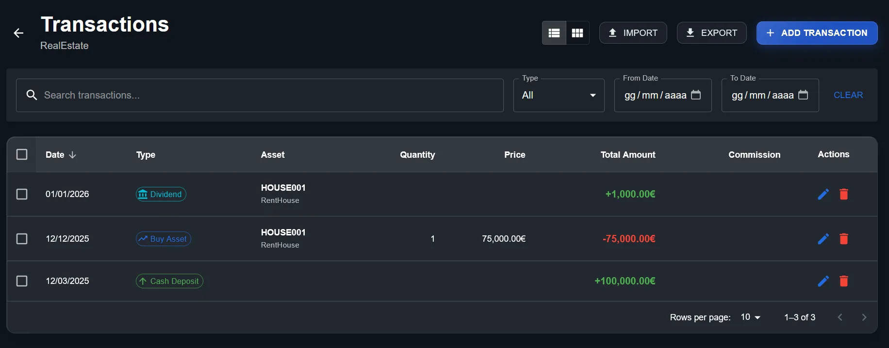 DonkyCapital — transaction list with unlisted asset RentHouse