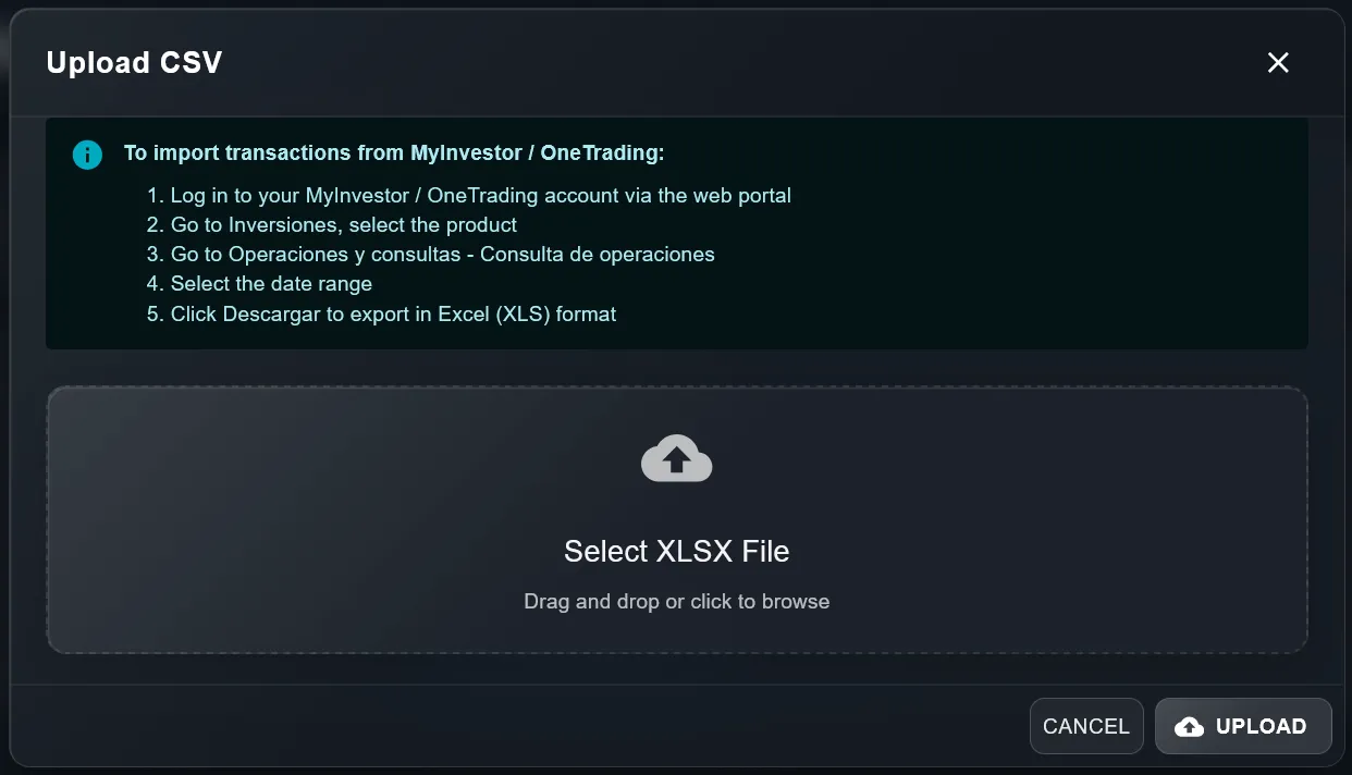Upload XLSX file from MyInvestor