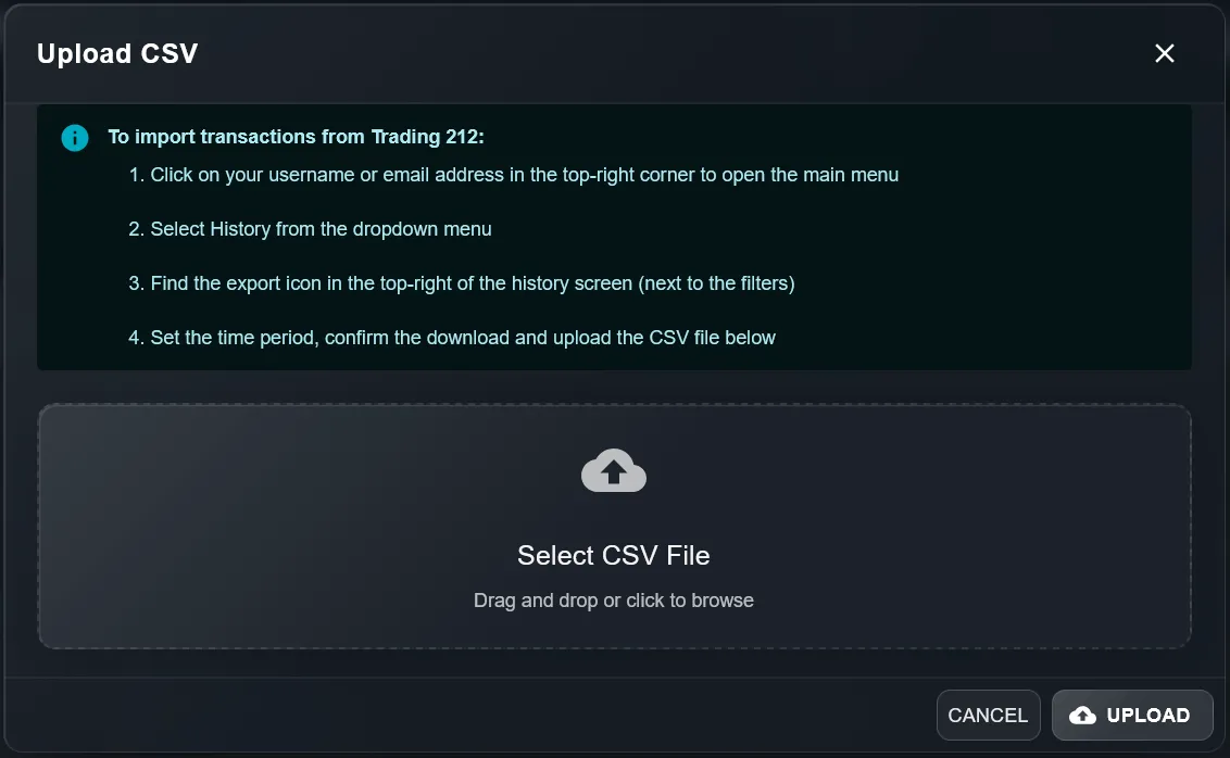 Trading 212 — export transaction history CSV